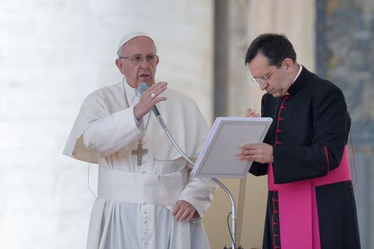 VATICAN, Vatican City: Pope Francis blesses pilgrims in St. Peter' Square at the end of his weekly general audience in Vatican City on April 6, 2016.