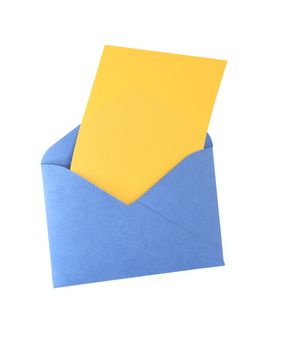 Blank yellow paper inside open envelope on white background. Isolated with clipping path