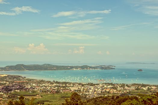 Vintage style high angle view beautiful landscape of Ao Chalong bay and city sea side in Phuket Province, Thailand