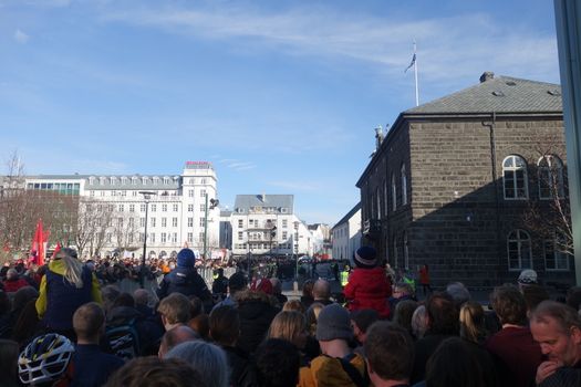 ICELAND, Reykjavik: Police stand guard as thousands rally in Reykjavik, Iceland on April 4, 2016, calling for Icelandic Prime Minister Sigmundur David Gunnlaugsson's resignation. The protest follows the Panama Papers' revelation of a global scandal surrounding secret financial dealings. The following day, Gunnlaugsson would agree to step down, though he would reportedly retain his title until a replacement has been named.