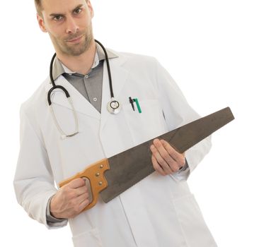 Crazy doctor is holding a big saw in his hands, isolated on white