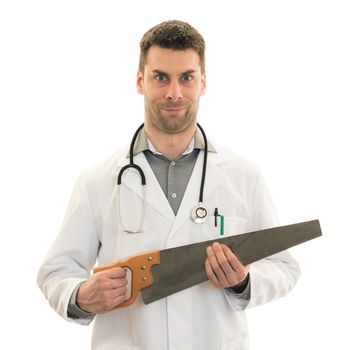 Crazy doctor is holding a big saw in his hands, isolated on white