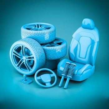 3D rendering many auto parts on a blue background