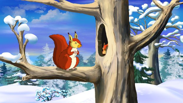 Digital painting of the Red Squirrel near a hollow in winter forest