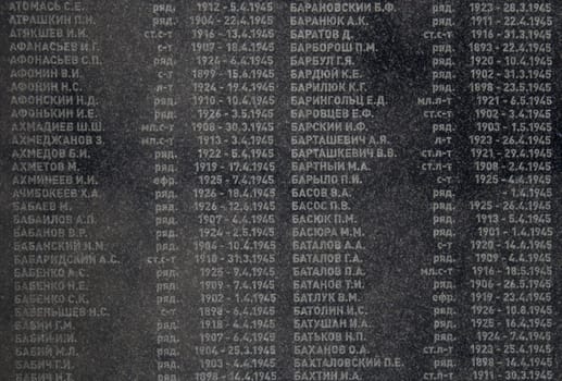 List of names of the soldiers, who perished while liberating Bratislava during the World War II. Names and dates in a marble board.