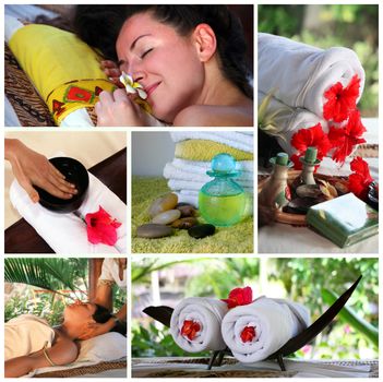 Collage from 6 photos of massage interior to Bali