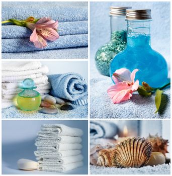 Spa Collage Composition of 4 Spa Photos with Scent Candles. Soft Towels and Aromatherapy 