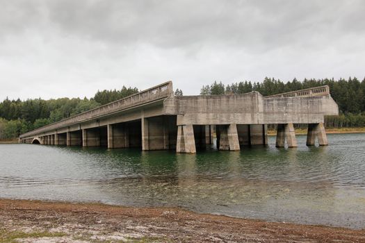 Unfinished highway bridges at the water reservoir Svihov.
Construction of bridges was started at 1939 but at 1950 was by communist regime the construction of highway stopped. In the years 1965-1975 was carried construction of a water reservoir Svihov and both bridges were flooded almost to the level of the deck.