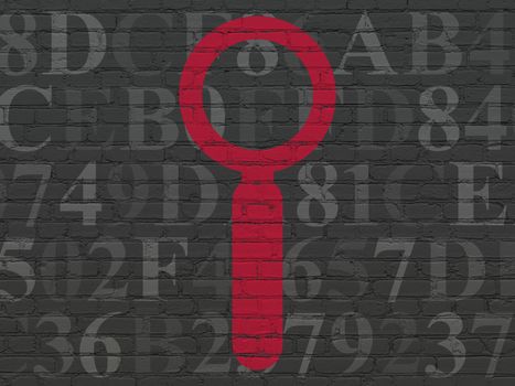 Information concept: Painted red Search icon on Black Brick wall background with  Hexadecimal Code