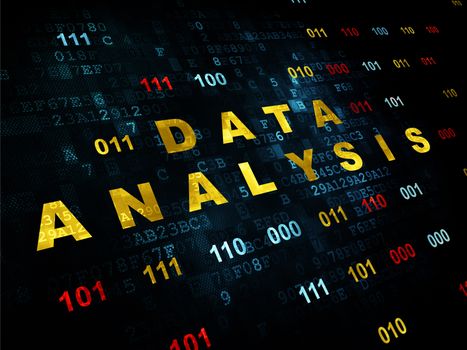 Data concept: Pixelated yellow text Data Analysis on Digital wall background with Binary Code