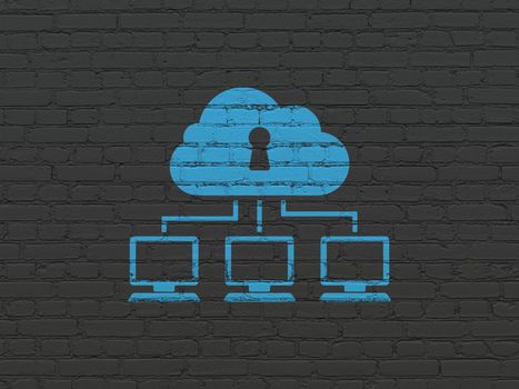 Security concept: Painted blue Cloud Network icon on Black Brick wall background