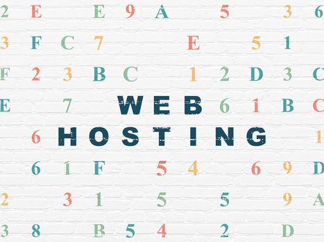 Web development concept: Painted blue text Web Hosting on White Brick wall background with Hexadecimal Code