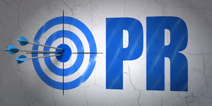 Success advertising concept: arrows hitting the center of target, Blue PR on wall background, 3D rendering