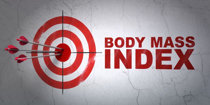 Success Health concept: arrows hitting the center of target, Red Body Mass Index on wall background, 3D rendering