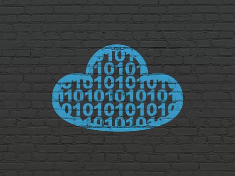 Cloud computing concept: Painted blue Cloud With Code icon on Black Brick wall background