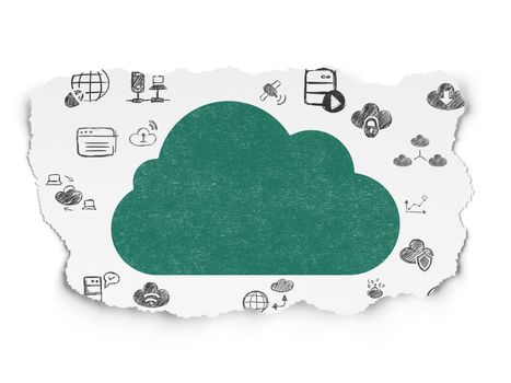 Cloud computing concept: Painted green Cloud icon on Torn Paper background with  Hand Drawn Cloud Technology Icons