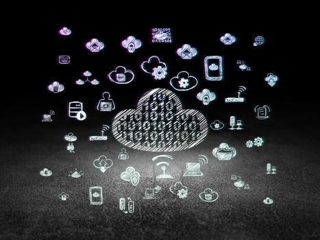 Cloud technology concept: Glowing Cloud With Code icon in grunge dark room with Dirty Floor, black background with  Hand Drawn Cloud Technology Icons