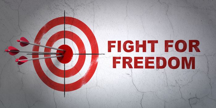 Success political concept: arrows hitting the center of target, Red Fight For Freedom on wall background, 3D rendering