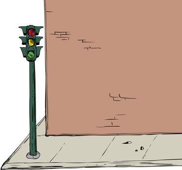Background illustration of blank cartoon brick wall and sidewalk with stoplight over white background
