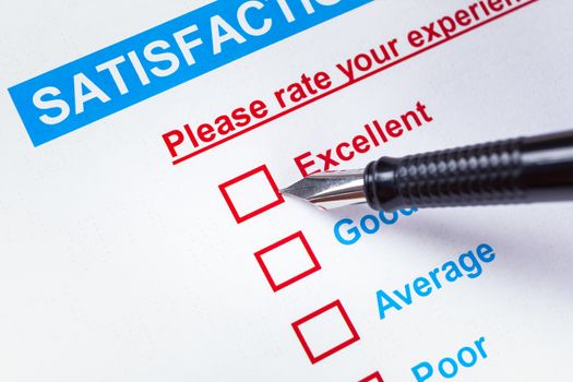Customer satisfaction survey checkbox with rating and pen pointing at Excellent, can use any business concept background