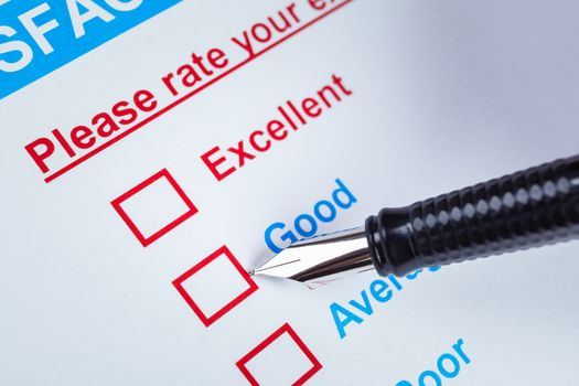 Customer satisfaction survey checkbox with rating and pen pointing at Good, can use any business concept background