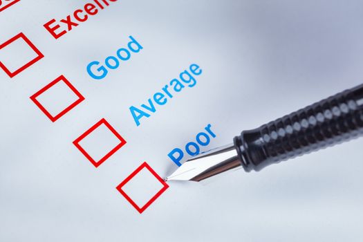 Customer satisfaction survey checkbox with rating and pen pointing at Poor, can use any business concept background