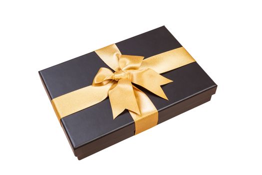 black gift box with gold ribbon and a bow on white background