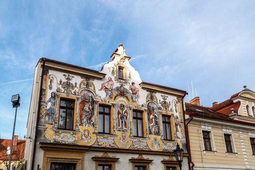 KUTNA HORA, CZECH REPUBLIC - DECEMBER 28, 2015 : Close up view of historical baroque building in Kutna Hora, on cloudy blue sky backgorund.