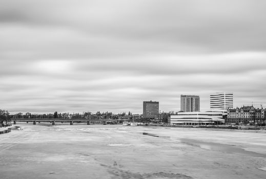 Downtown Umeå, Sweden in winter. Black and white photo.