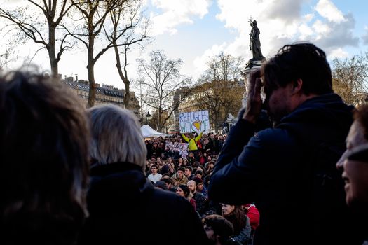 FRANCE, Paris: Thousand militants of the Nuit debout (Standing night) movement gather on April 7, 2016 at the Place de la Republique in Paris, as participants plan to spend the night camped out to protest against the government's planned labour reform and against forced evictions. It has been one week that hundred of people have occupied the square to show, at first, their opposition to the labour reforms in the wake of the nationwide demonstration which took place on March 31, 2016.