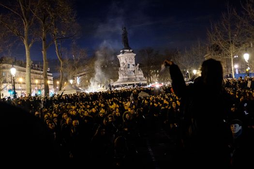 FRANCE, Paris: Militants of the Nuit debout (Standing night) movement gather on April 7, 2016 at the Place de la Republique in Paris, as participants plan to spend the night camped out to protest against the government's planned labour reform and against forced evictions. It has been one week that hundred of people have occupied the square to show, at first, their opposition to the labour reforms in the wake of the nationwide demonstration which took place on March 31, 2016.