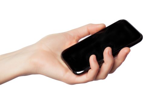 woman's hand holding a cell phone isolated