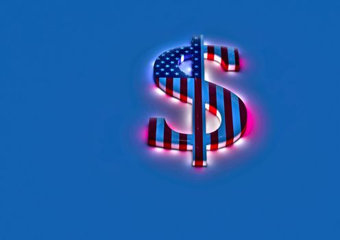 Dimensional sign of the American dollar in color national flag of USA.