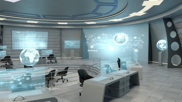 Futuristic interior view of office with holographic screen and earth globe, technology concept