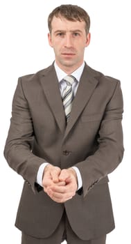 Unhappy businessman holding hands in front of him and looking at camera