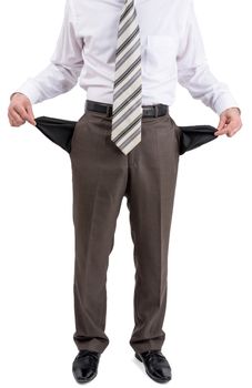 Businessman turned out his pockets isolated on white background, closeup