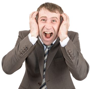 Screaming businessman looking at camera isolated on white background, closeup