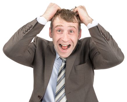 Screaming businessman tearing his hair isolated on white background