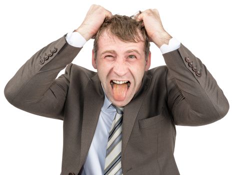 Screaming businessman tearing his hair and showing his tongue isolated on white background