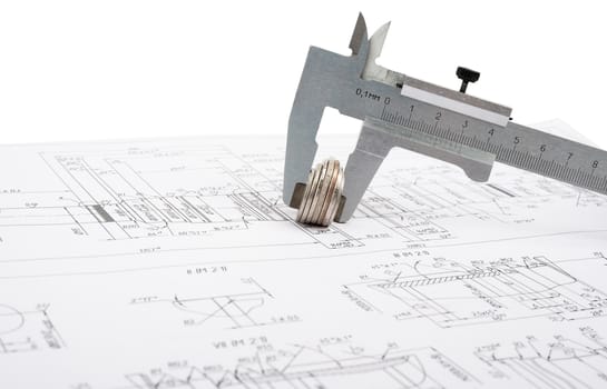 Architecture plan with coins and ruler. Building concept