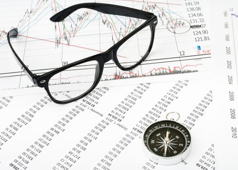 Glasses and compass on grpahical charts background, business concept