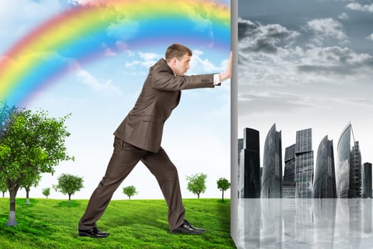 Businessman changing city on nature landscape with rainbow and trees
