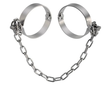 Old fashioned handcuffs isolated on white background. 3D rendering