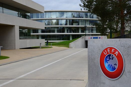 SWITZERLAND, Nyon: A photo taken on April 8, 2016 shows the logo of European football body UEFA at the UEFA headquarters in Nyon.Swiss police raided the headquarters of European football body UEFA on April 6 following the latest revelations of a web of Panama-based offshore financial dealings by the rich and famous. The raid came after the so-called Panama Papers revealed that newly elected FIFA president Gianni Infantino signed TV rights contracts for the Champions League with a company headed by two defendants later caught up in the corruption scandal that engulfed football's world body.