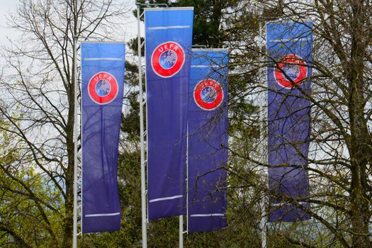 SWITZERLAND, Nyon: A photo taken on April 8, 2016 shows the logo of European football body UEFA at the UEFA headquarters in Nyon.Swiss police raided the headquarters of European football body UEFA on April 6 following the latest revelations of a web of Panama-based offshore financial dealings by the rich and famous. The raid came after the so-called Panama Papers revealed that newly elected FIFA president Gianni Infantino signed TV rights contracts for the Champions League with a company headed by two defendants later caught up in the corruption scandal that engulfed football's world body.