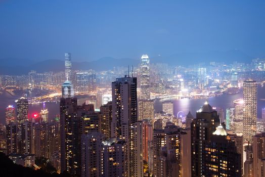 Defocus ,View from Victoria Peak to the business borough and the gulf in Hong Kong