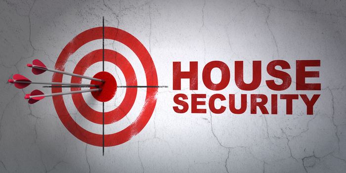 Success safety concept: arrows hitting the center of target, Red House Security on wall background, 3D rendering