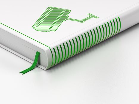 Safety concept: closed book with Green Cctv Camera icon on floor, white background, 3D rendering