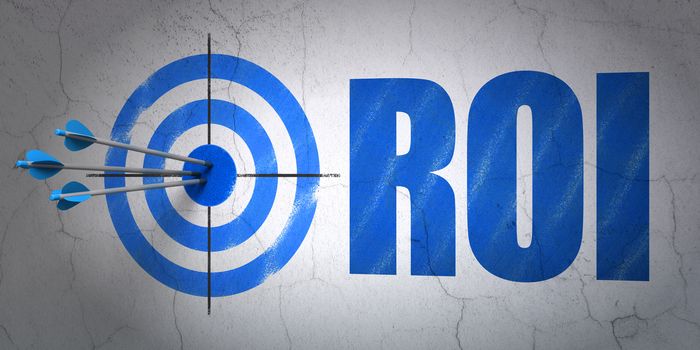 Success business concept: arrows hitting the center of target, Blue ROI on wall background, 3D rendering