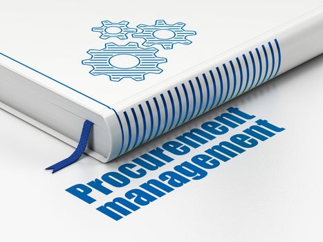 Finance concept: closed book with Blue Gears icon and text Procurement Management on floor, white background, 3D rendering